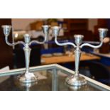 A PAIR OF WEIGHTED STERLING SILVER 3 POINT CANDELABRAS, WITH BIRMINGHAM ASSAY MARKS, MAKER MARKS FOR