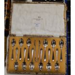 CASED SET OF 12 STERLING SHEFFIELD SILVER COFFEE SPOONS WITH TONGS BY WALKER & HALL