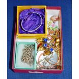 BOX WITH ASSORTED COSTUME JEWELLERY, TIFFANY CHAIN IN BOX, CORAL BEADS, CAMEO STYLE BROOCH,