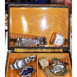 SOUVENIR BOX WITH VARIOUS VINTAGE WRIST WATCHES, DECANTER LABELS & GOLD PLATED POCKET WATCH