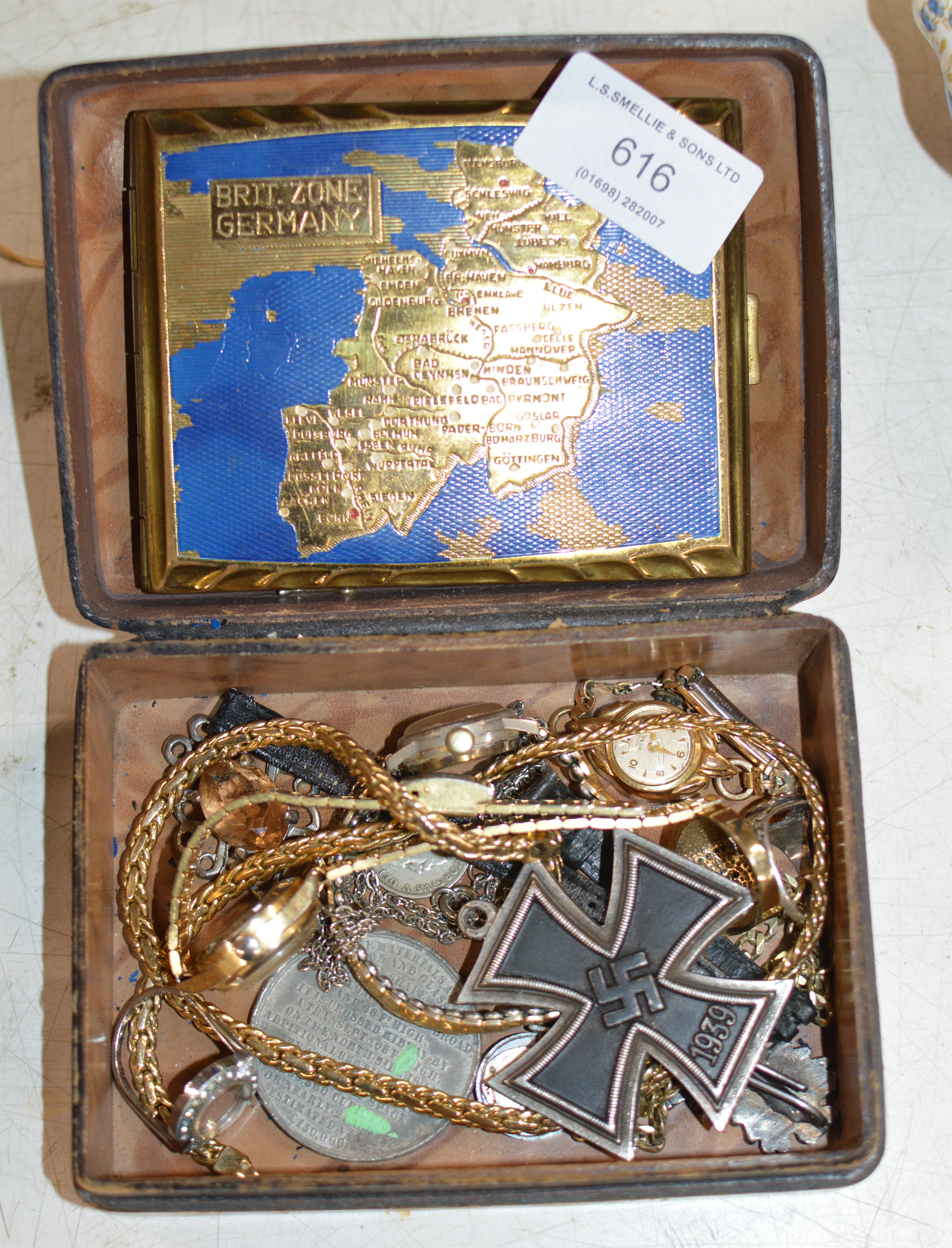 BOX WITH GERMAN CIGARETTE CASE, IRON CROSS MEDAL, VARIOUS GILT CHAINS, DRESS RINGS ETC