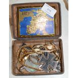 BOX WITH GERMAN CIGARETTE CASE, IRON CROSS MEDAL, VARIOUS GILT CHAINS, DRESS RINGS ETC