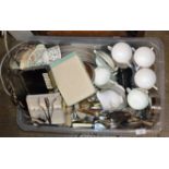 BOX WITH ASSORTED TEA WARE, SUSIE COOPER ETC, VARIOUS BOXED SETS OF CUTLERY, LOOSE CUTLERY, EP