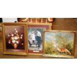 2 GILT FRAMED OIL PAINTINGS & FRAMED PRINT