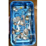 BOX WITH ASSORTED SILVER WARE, VARIOUS SPOONS, PICKLE FORK ETC