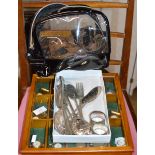 VARIOUS MINIATURE CLOCKS, ASSORTED EP CUTLERY ETC