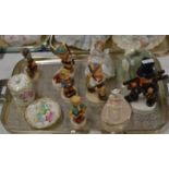 TRAY WITH VARIOUS FIGURINE ORNAMENTS, HUMMEL, ROYAL DOULTON ETC