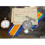 WORLD WAR 1 MEDAL AWARDED TO S-26229 CPL J RATTRAY, GORDONS, TOGETHER WITH A SMALL 14 CARAT GOLD