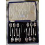 CASED SET OF 12 BIRMINGHAM SILVER SPOONS WITH TONGS