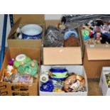 5 BOXES CONTAINING GENERAL CERAMICS & GLASS WARE, VARIOUS VASES, DISHES, ORNAMENTS, SOFT TOYS ETC