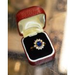18 CARAT GOLD RING SET WITH A CENTRAL SAPPHIRE & 12 STONE DIAMOND SURROUND - APPROXIMATE WEIGHT =