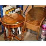 LLOYD LOOM STYLE BASKET CHAIR & MAHOGANY STAINED OCCASIONAL TABLE WITH GLASS PRESERVE
