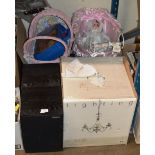 2 TOY DOLLS PRAMS, DOLL, PAIR OF GARDEN POSTS, LIGHT FITTING IN BOX & PAIR OF SPEAKERS