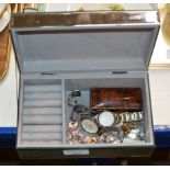 MIRRORED JEWELLERY BOX WITH ASSORTED COSTUME JEWELLERY, GOLD PLATED CUFFLINKS, WRIST WATCHES ETC