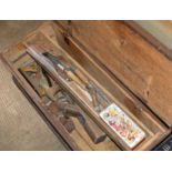 WOODEN TOOL BOX WITH VARIOUS OLD HAND TOOLS