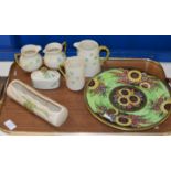 TRAY WITH MIXED CERAMICS, VARIOUS PIECES OF BELLEEK PORCELAIN, CLARICE CLIFF SPILL VASE, MALING