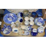 TRAY WITH MIXED CERAMICS, MINIATURE DOLLS HOUSE STYLE TEA WARE, SPODE PORCELAIN, DELFT WARE ETC