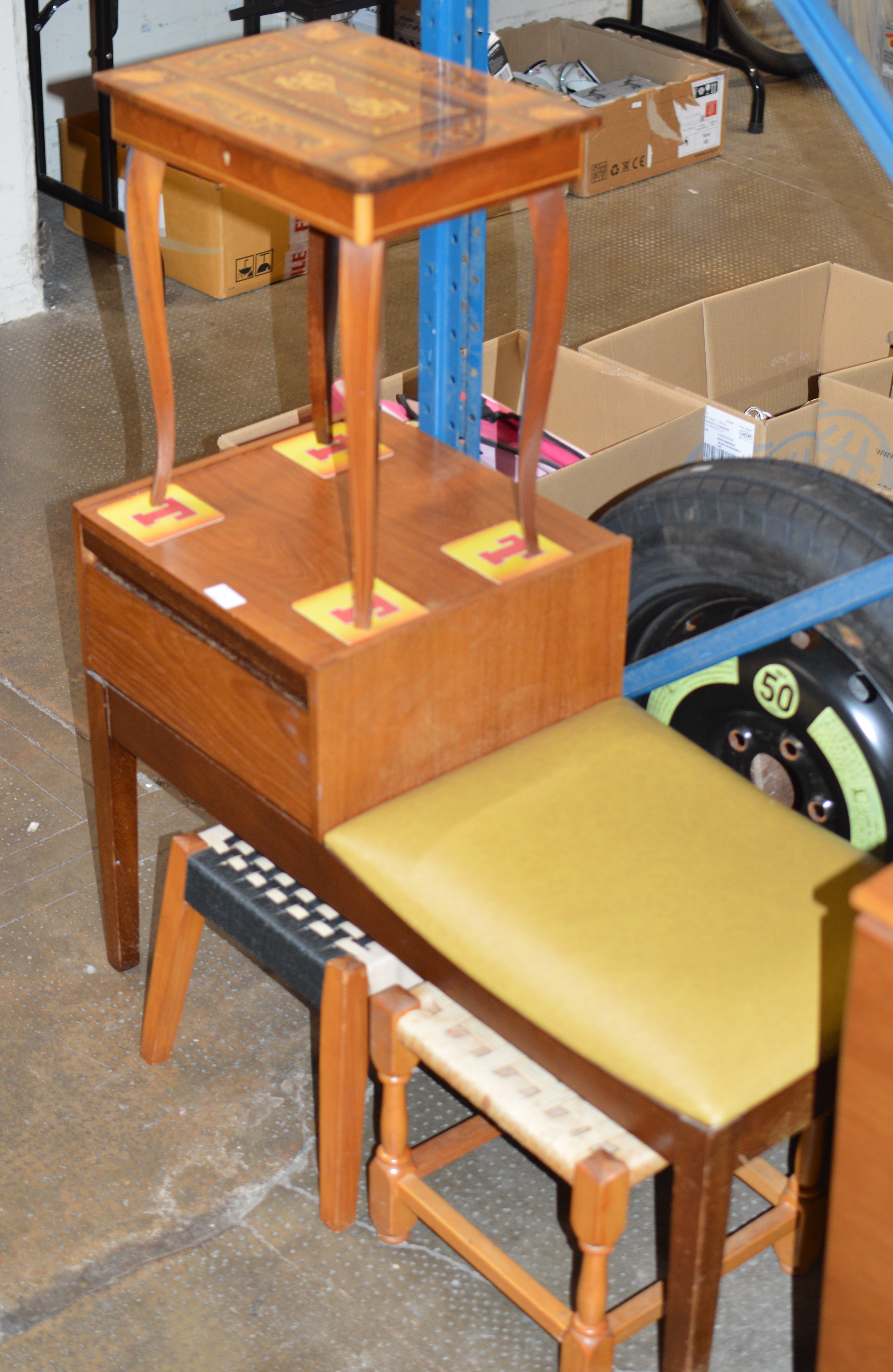 MID-CENTURY TEAK TELEPHONE SEAT, 2 STRING TOP STOOLS & SEWING TABLE