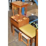 MID-CENTURY TEAK TELEPHONE SEAT, 2 STRING TOP STOOLS & SEWING TABLE