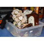 BOX WITH MANTLE CLOCK, VARIOUS FIGURINES, PAPER WEIGHTS ETC