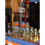 TRAY WITH VARIOUS BRASS WEIGHTS, COLUMNED SHEFFIELD PLATE PARAFFIN LAMP, SET OF WINDLE AND ELYTH