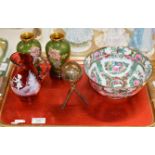 MODERN CHINESE FAMILLE ROSE BOWL, EDINBURGH SILVER BOWLING JACK, MARY GREGORY STYLE CRANBERRY