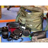 QUANTITY OF VARIOUS CAMERA EQUIPMENT, FLASHES, LENSES, ETC