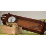 LONG MAHOGANY STAINED POLARIS WALL CLOCK BOX, CONTAINING VARIOUS MANTLE AND CARRIAGE CLOCKS, TRAY,