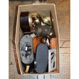 2 PAIRS BINOCULARS, CIGARETTE CASE, QUANTITY OF BRASSWARE, CARVED BOX, TRINKET DISH, SMALL BRASS