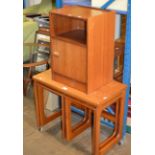 NEST OF 3 TEAK TEA TABLES, SINGLE DOOR TEAK BEDSIDE CABINET