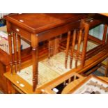 LONG TILE TOP TABLE, NEST OF 3 TILE TOP TABLES, NEST OF 3 MAHOGANY TABLES