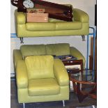 3 PCE LIMED GREEN LEATHER SUITE - 2 X 2 SEATER AND CHAIR