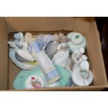 BOX WITH VARIOUS LLADRO FIGURES, CARLTON WARE DISHES, COALPORT DISHES ETC