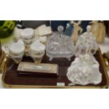 2 ROYAL DOULTON FIGURINES, WITH BOXES, CUT GLASS DISH, PART TEA SET, FAUX PEARLS ETC