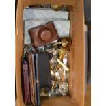 BOX CONTAINING CAMERA, QUANTITY OF USING CUTLERY, CASED SPOONS, BRASSED CANDLE STICKS, BRASSWARE ETC