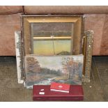 GILT FRAMED OIL ON BOARD, GILT FRAMED OIL ON CANVAS, BOXED CARVING SET & MODERN 4 PIECE DECANTER SET