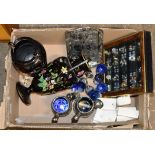 BOX WITH PAIR OF DECORATIVE VASES, BLUE GLASS WARE, SMALL DISPLAY CASE, SWAROVSKI ORNAMENTS ETC