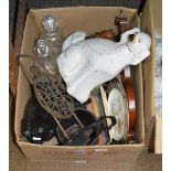 BOX CONTAINING WALLY DOG, CUT CRYSTAL DECANTERS, EP BASKET VASE, ROYAL DOULTON DISH, BAROMETER-