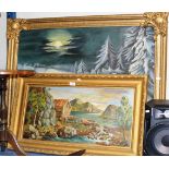 LARGE GILT FRAMED OIL ON CANVAS BY B JOHNSEN 1946 "WINTERSCAPE", OIL ON BOARD BY C HAGLAND "LOCH