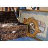 WICKER HAMPER WITH EP GALLERY TRAY, EP TEAPOT, COFFEE POT, CIRCULAR MIRROR, FRAMED LAST SUPPER