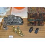 BOOK STYLE TIN, 2 ACME WHISTLES, BRASS INCENSE BURNER, BRITANNIA LION ORNAMENT, INK WELL ETC