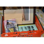 BOX CONTAINING SCOTTISH FOOTBALL VIDEO, ONLY FOOLS AND HORSES DVD, BROONS BOOK, FRAMED PICTURE ETC