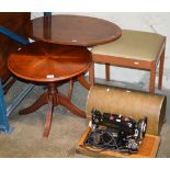 2 YEW WOOD WINE TABLES, TEAK DRESSING STOOL, HARRIS ELECTRIC SEWING MACHINE AND CASE