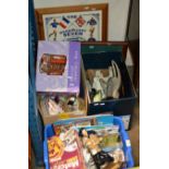 3 BOXES WIH QUANTITY OF VARIOUS CHINA ORNAMENTS , FIGURINES, ELVIS CAST IRON DOOR STOP, MOTHERWELL