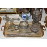 VARIOUS EASTERN WHITE METAL ITEMS, PIPES, ORIENTAL STYLE DISH, INCENSE BURNER ETC