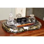 PAPER MACHE WITH MOTHER OF PEARL INLAY DESK TIDY WITH INKWELLS, PENS ETC