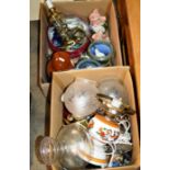2 BOXES WITH VARIOUS ORNAMENTS, TABLE LAMPS AND SHADES, LARGE QUANTITY OF WADE WHIMSIES, WADE
