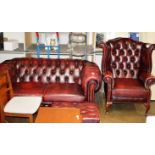 OX BLOOD 3 PCE CHESTERFIELD SUITE COMPRISING 2 SEATER SETTEE, WING BACK CHAIR AND FOOT STOOL
