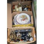 3 BOXES CONTAINING - VARIOUS PLATES, CHINESE BOTTLES, KLM AIRLINE DECANTERS, BIERSTIEN ETC