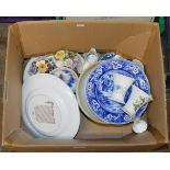 BOX WITH VARIOUS PLATES, DISHES, VASES, CHINA POSIES ETC